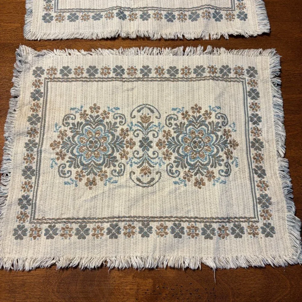 Vintage Austrian placemats cotton linen cream blue fringe set of 2 embroidered